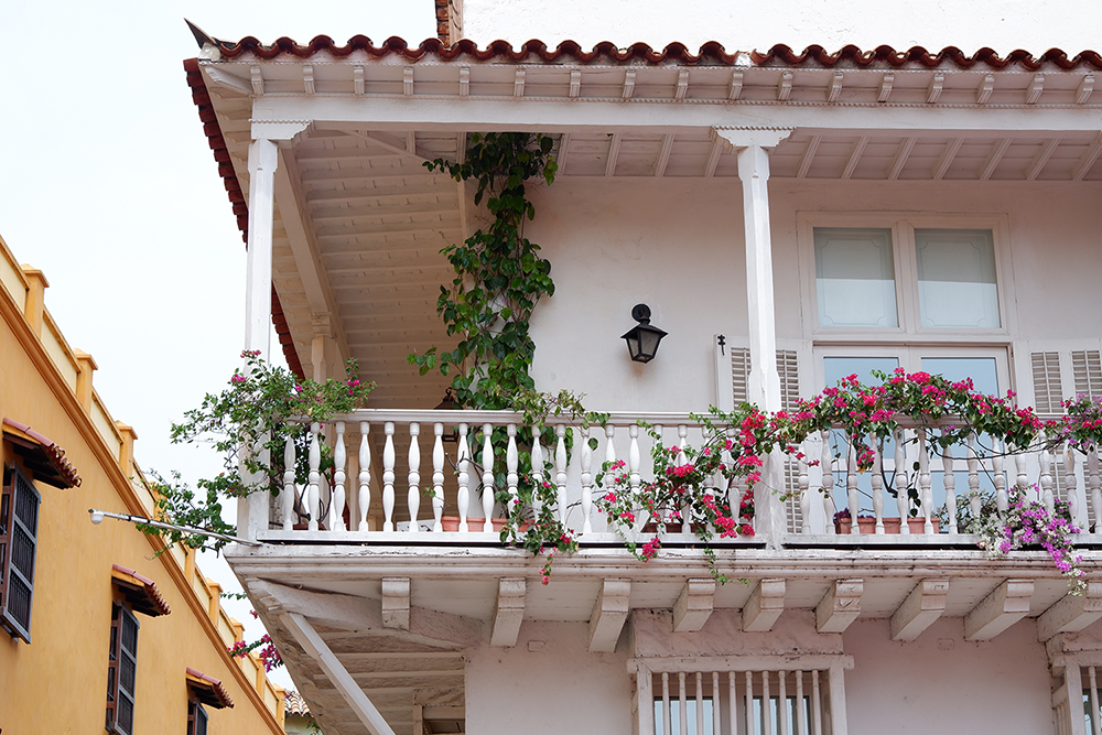 Second floor of a white building with a wrap around  balcony covered in flowers