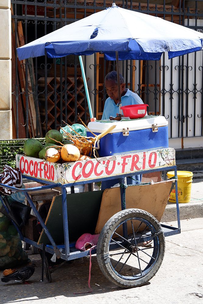 What to do and see Cartagena's Walled City and other Colombian basics: street vendor selling fresh coconuts from a cart