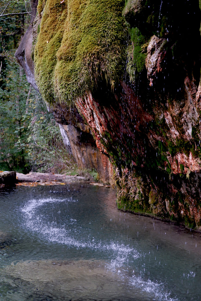 In pictures: A quick walk through the Mullerthal Trail, Luxembourg: water in thin streams rishing down into a pool off a moss-covered rock in Travertine Source Kallektuffquell