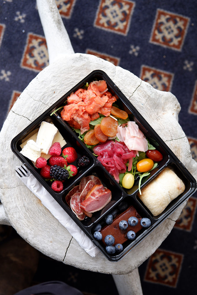 Whale watching in Québec Maritimes VIP style lunch box with meats, sweets, and other snacks served up by Croisières AML Cruises