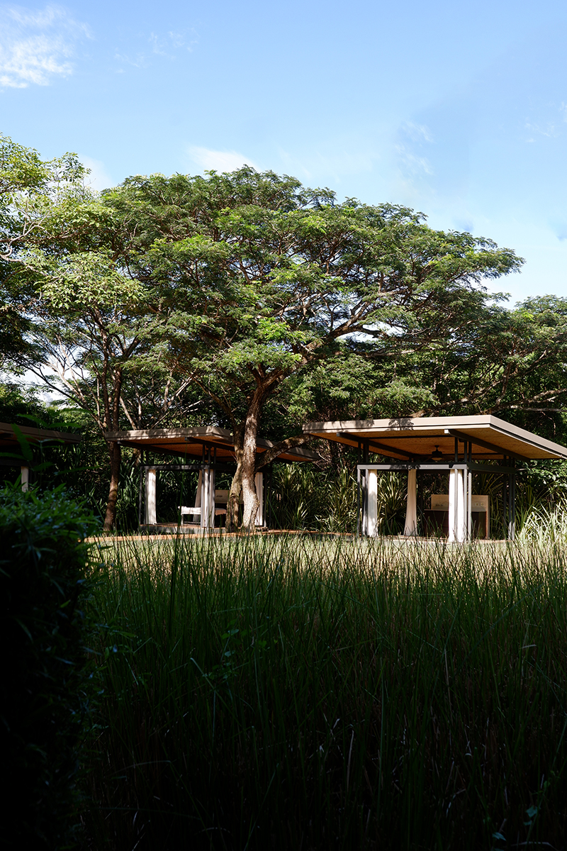 Outdoor spa at the El Mangroove Hotel, Costa Rica. View of the massage cabans shaded by the trees