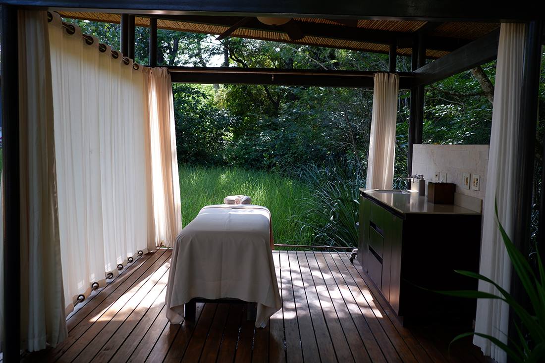 Outdoor spa at the El Mangroove Hotel, Costa Rica. Close up view of the massage cabana from the inside