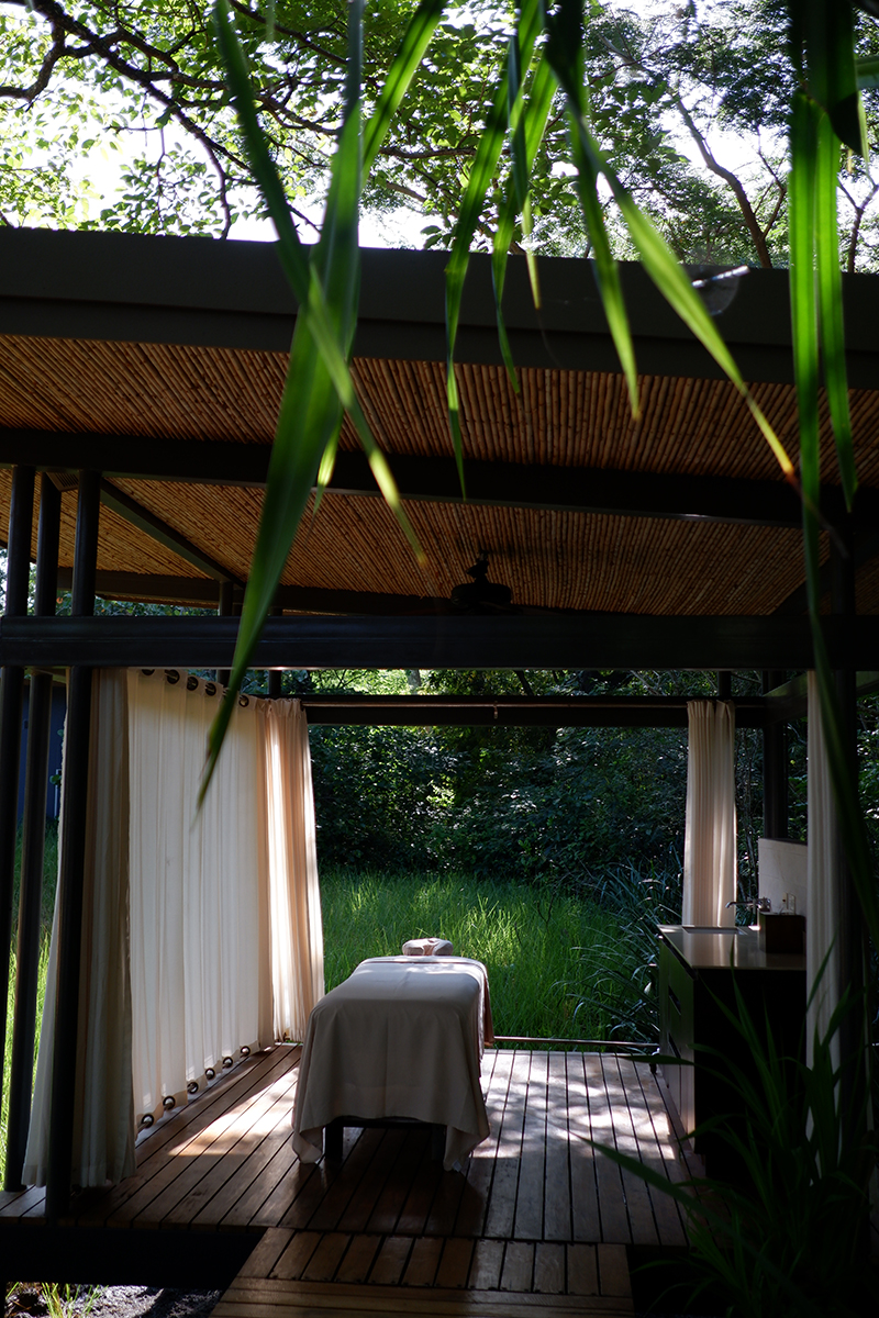 Outdoor spa at the El Mangroove Hotel, Costa Rica. Close up view of the massage bed from the inside