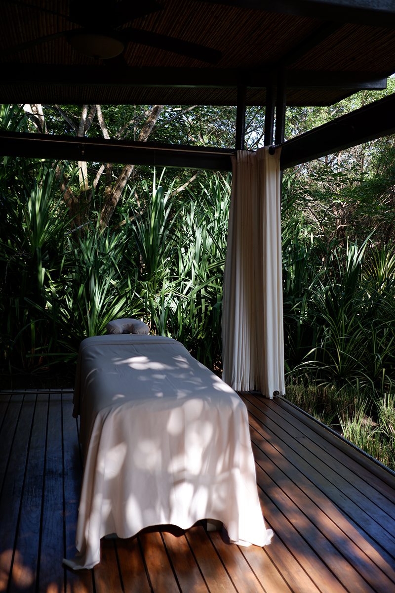 Outdoor spa at the El Mangroove Hotel, Costa Rica. Close up view of the massage bed from the inside