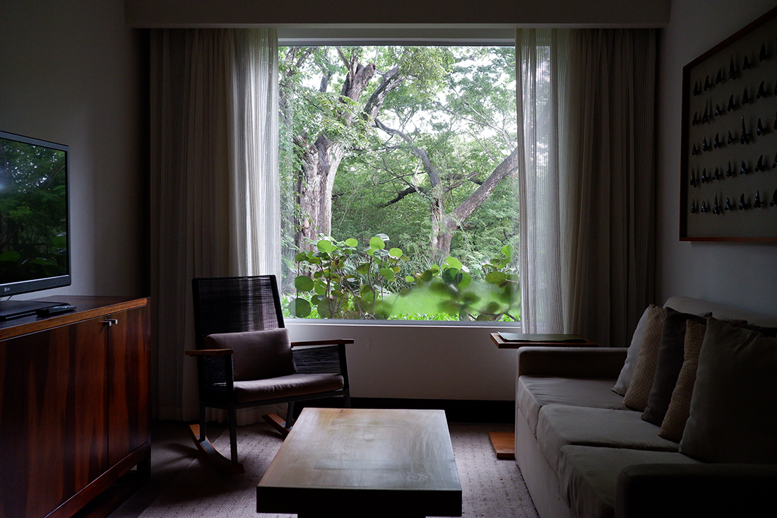 Sleep among the mangrove trees at El Mangroove Hotel, Habitat Superior suite living space with a TV, rocking chair, large picture window, coffee table and a couch. Costa Rica