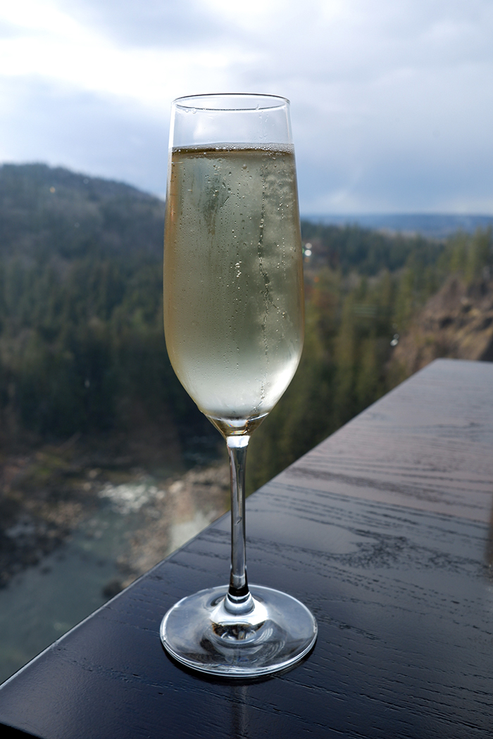 Attic lounge at the Salish Lodge and Spa, a champagne glass in front of a picture window