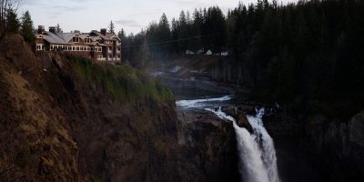 Salish Lodge & Spa is a scenic destination: the view of the Snoqualmie and the lodge at the top of the hill