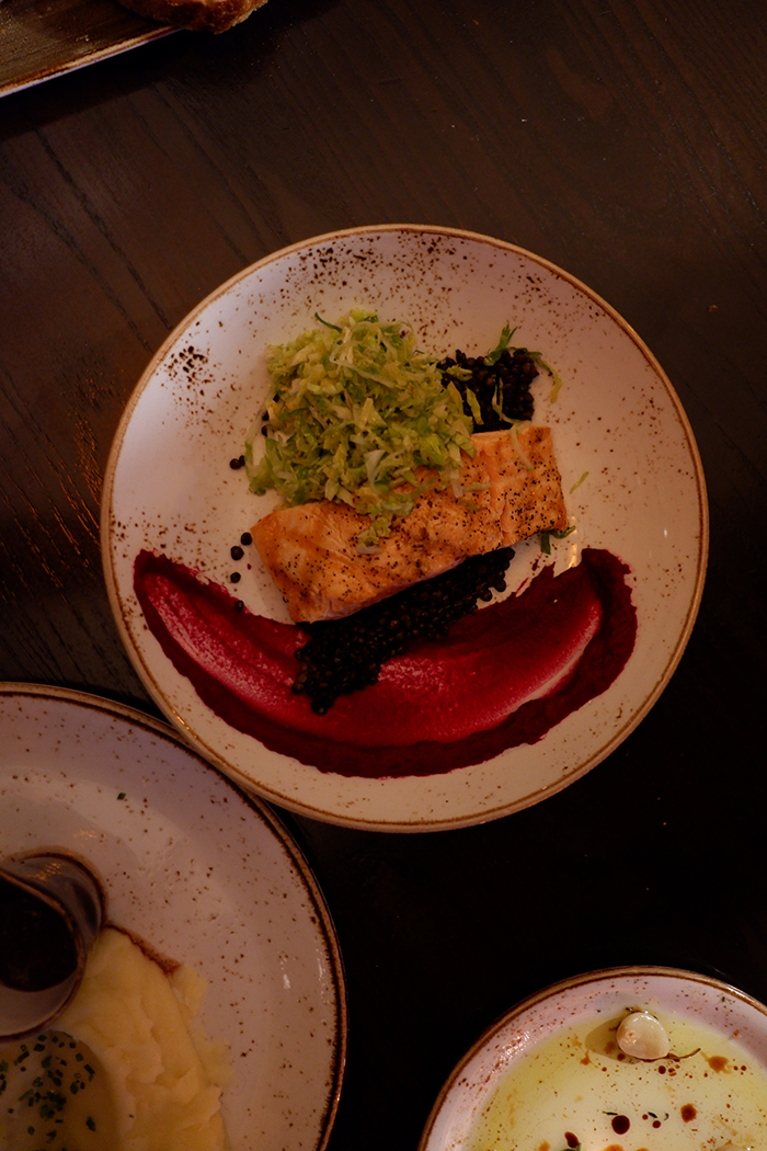 The dining room at the Salish Lodge and Spa, salmon plate