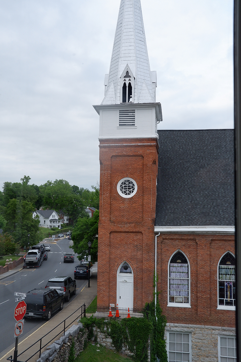 The Georges Historic Inn is a destination in Lexington: window view on Main Street and church