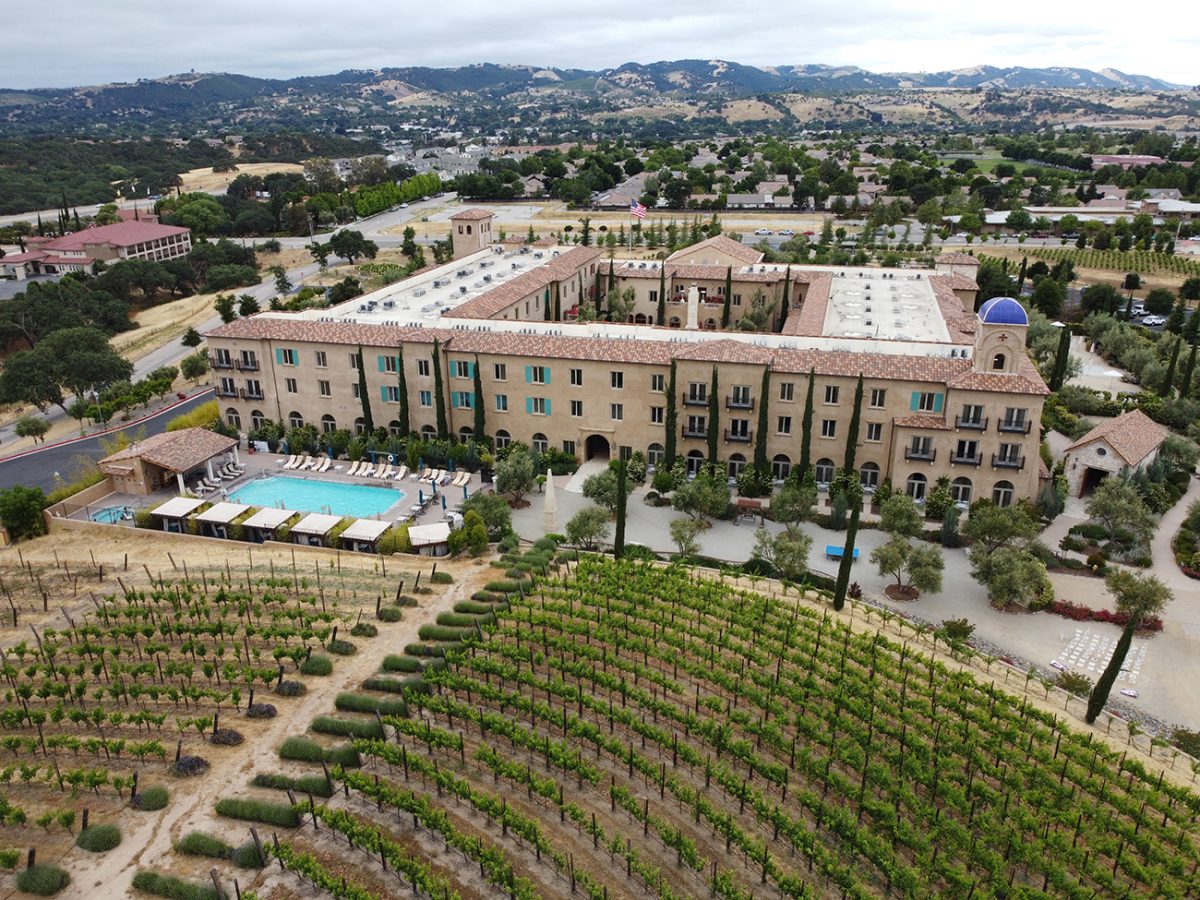 Allegretto Vineyard Resort: where art, wine, and romance meet in Paso Robles. Arial drone view of the hotel