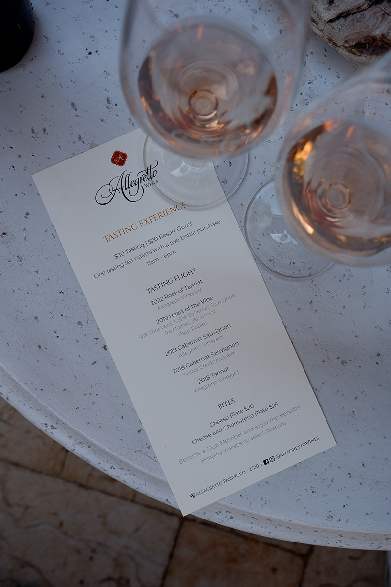 Allegretto Vineyard Resort Paso Robles, wine tasting menu