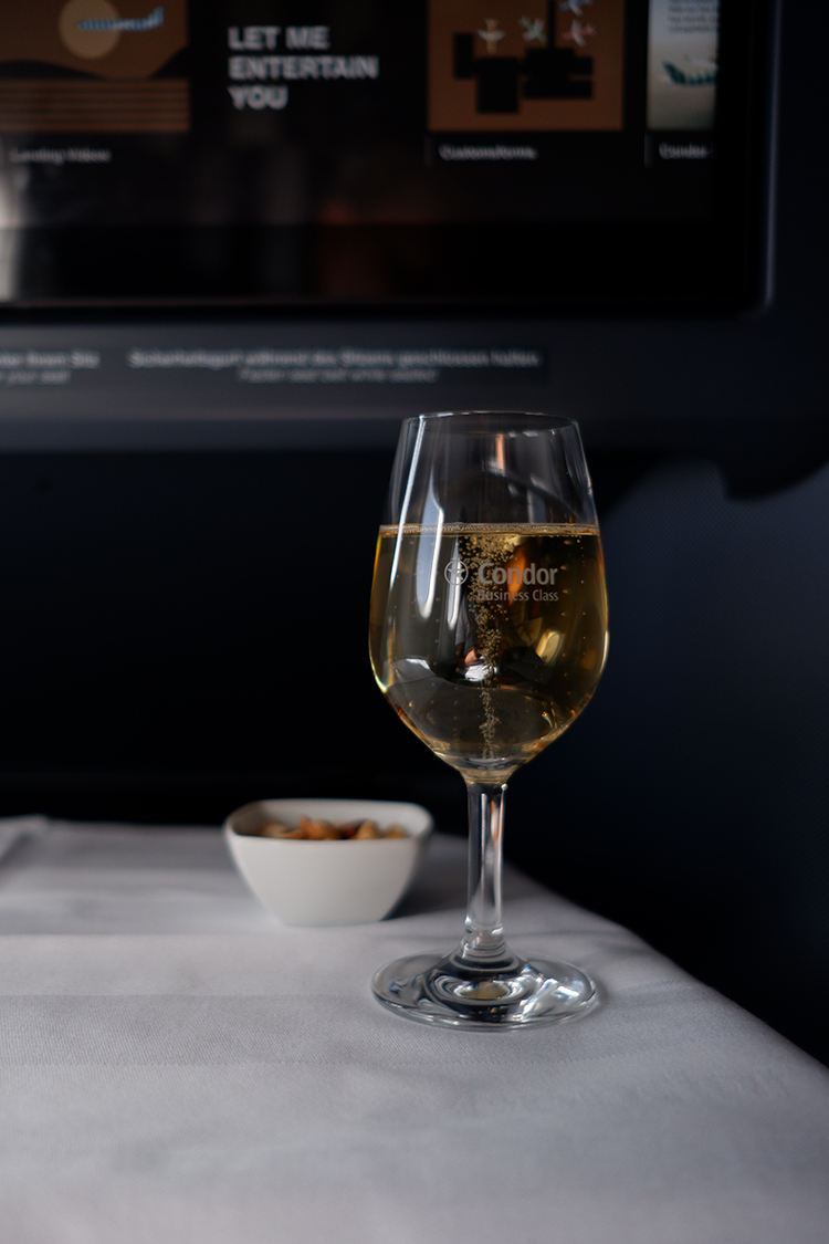 Flying business class with Condor, Toronto to Frankfurt and back: champagne