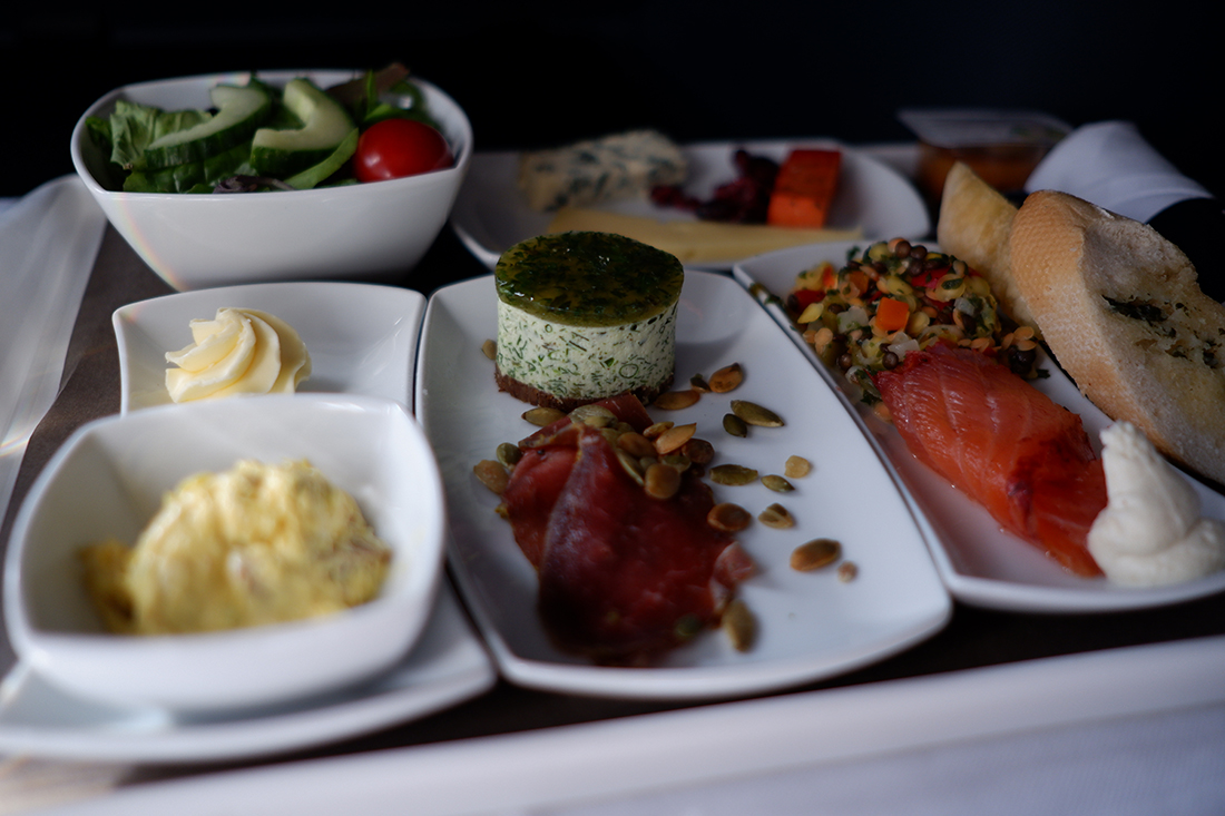 Flying business class with Condor, Toronto to Frankfurt and back: appetizer tray 