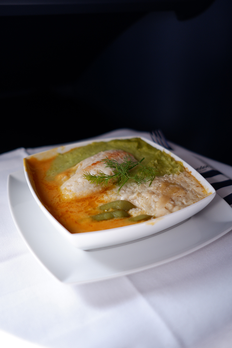 Flying business class with Condor, Toronto to Frankfurt and back: cod in lobster busque 