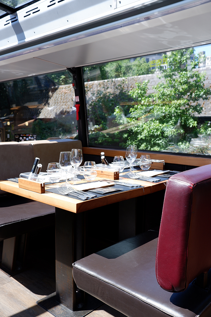 See London on a panoramic gourmet food bus,  Bustronome interior, Tinggly gift